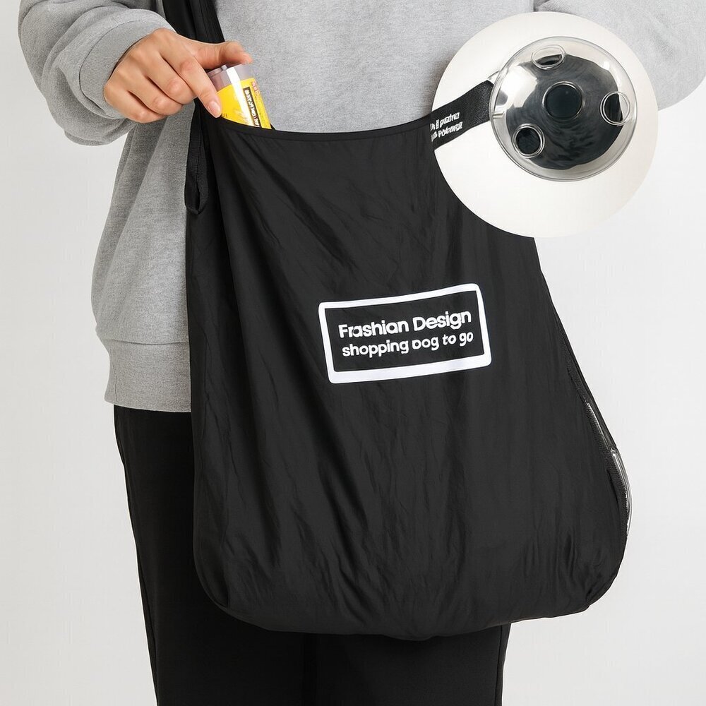 Black Reusable Grocery Tote Foldable Compact Lightweight w/ Carry Disc